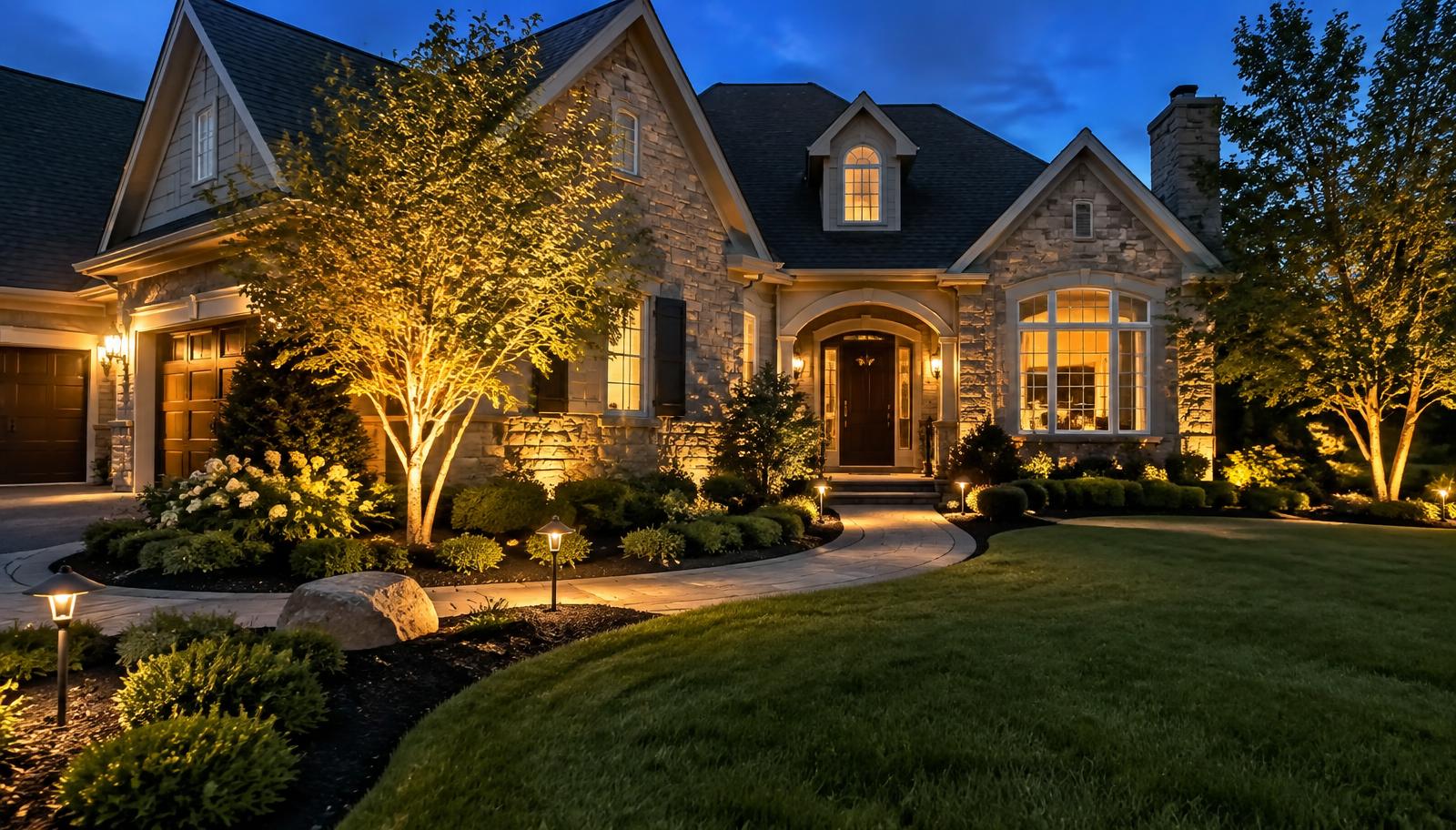 Home at dusk with warm outdoor landscape lighting